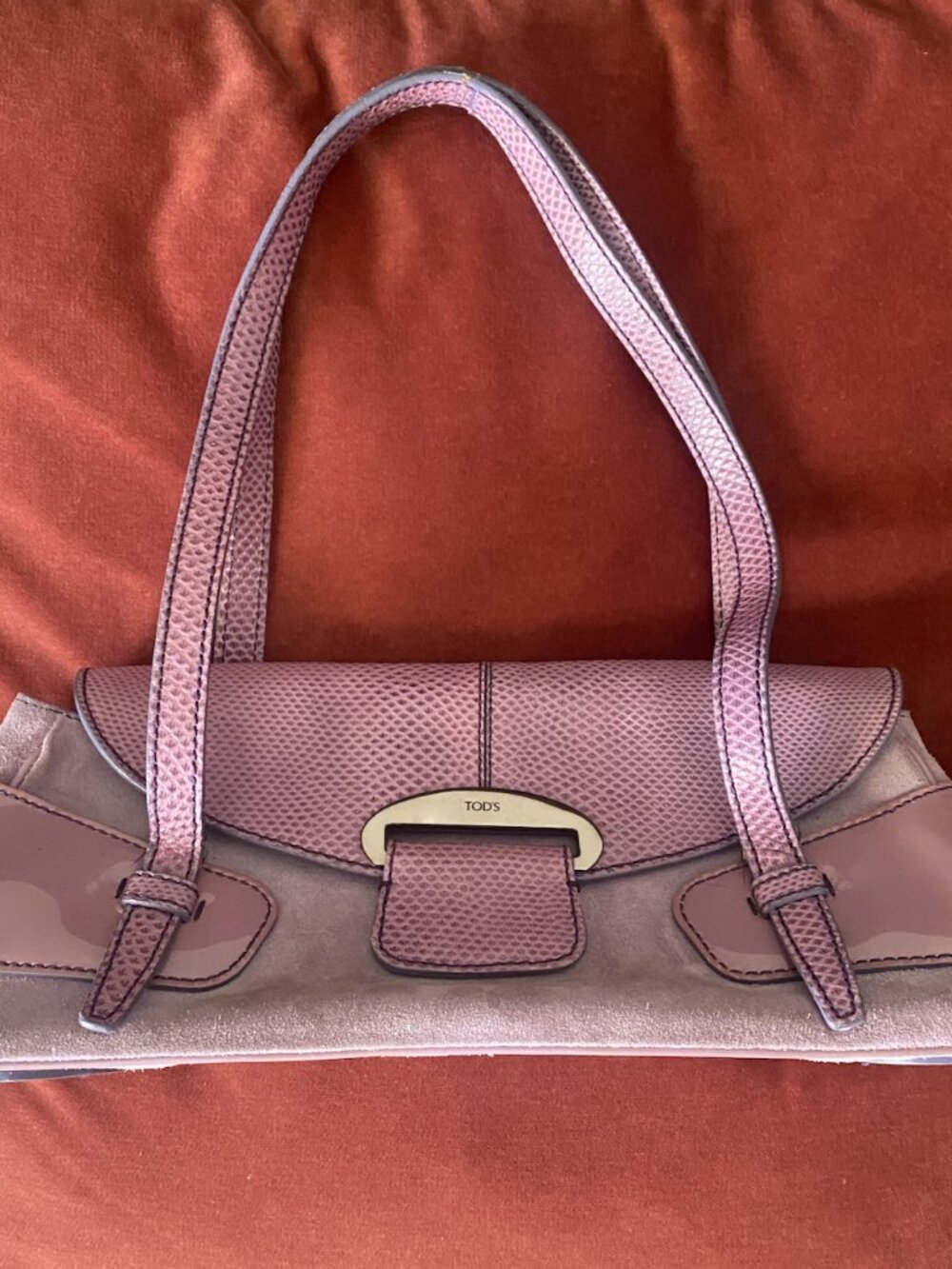 VTG TOD'S Mauve Pink Suede Baguette Bag Snake Embossed & Patent Leather Trim
